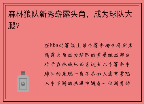 森林狼队新秀崭露头角，成为球队大腿？